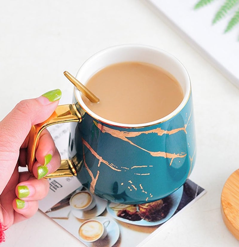 Eplze YBK Tech Porcelain Tea Cup Coffee Mug Set for Afternoon Tea - Marble Pattern (Green, Tall 400ml + wood lid) - Image 3
